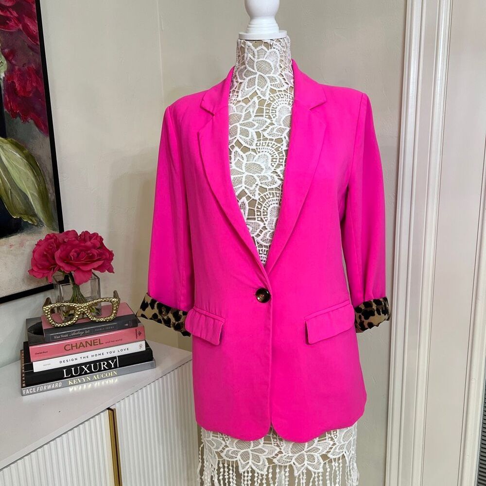 JODIFL Women's Notch Lapel Leopard Lined Single Breasted Blazer Hot Pink Small